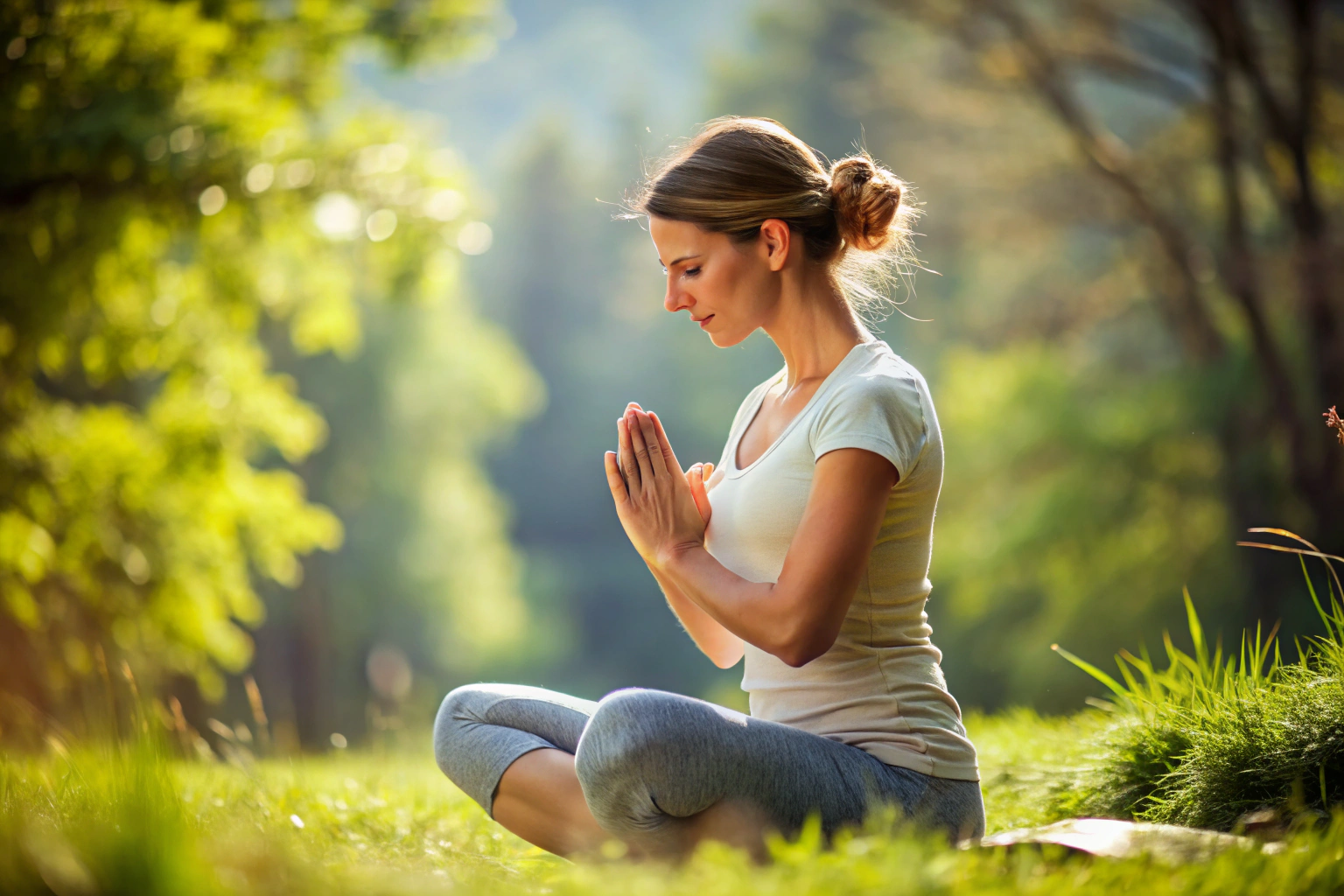 A person practicing yoga in a peaceful setting, showing a gentle pose with hands in prayer position, in a natural environment with soft lighting