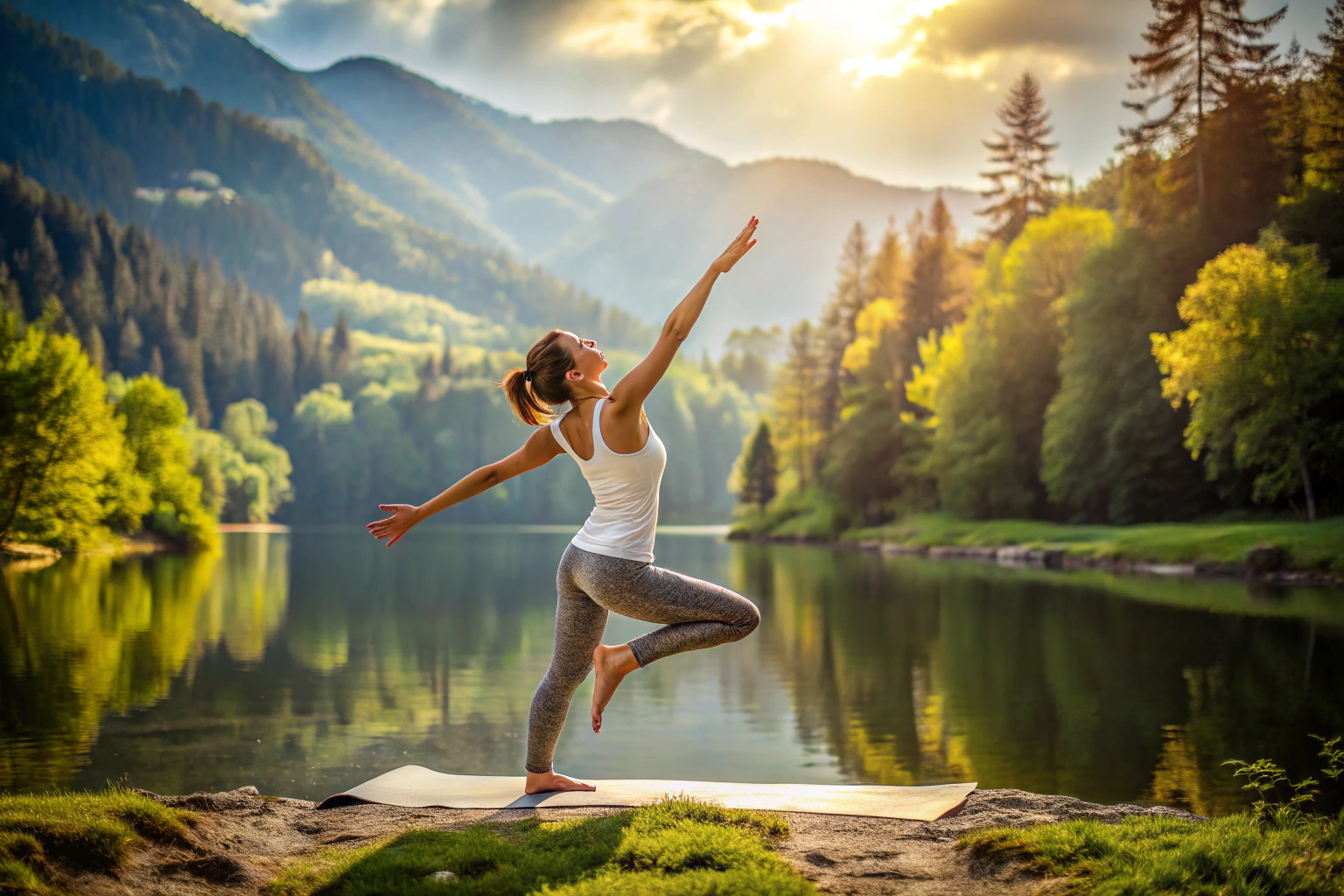 A person performing a yoga pose in a calm, natural environment, showcasing flexibility and peace, with no text or symbols